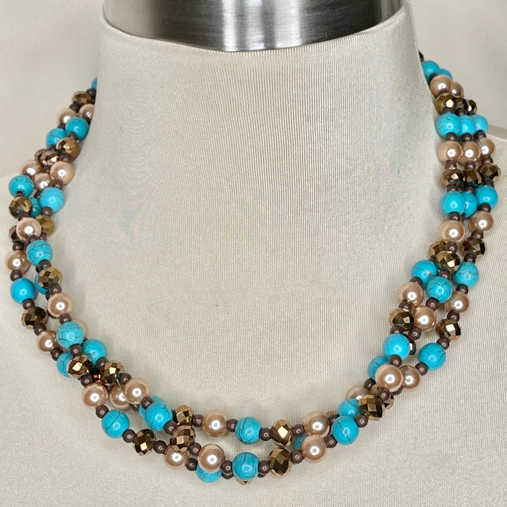 Turquoise Beaded Bronze Triple Stand Necklace